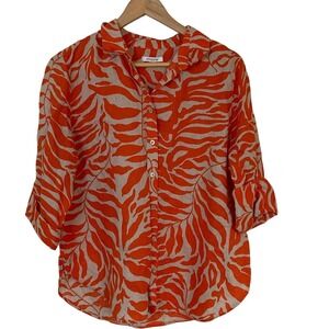 Chico's Womens Vibrant Orange Tropical Button Up Shirt Size Large Linen 3/4‎ Slv